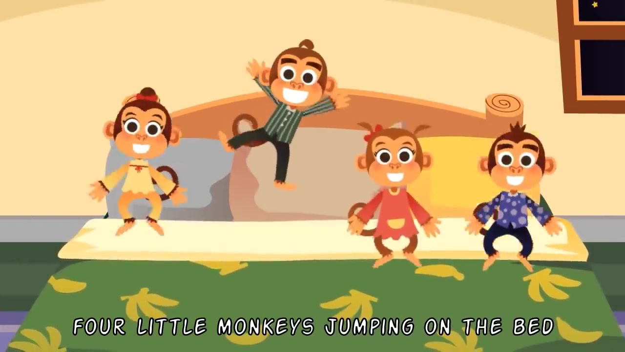 [图]在床上蹦的五只小猴子 英语儿歌 英文儿歌Five Little Monkeys Jumping on the Bed 少儿英语