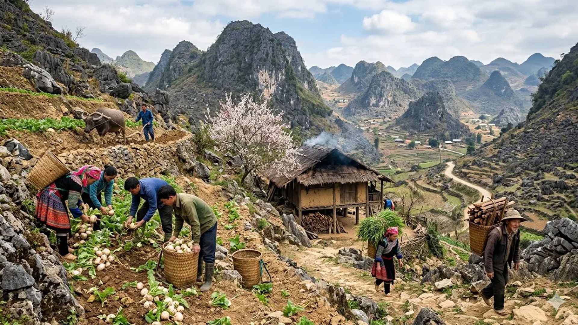 偏远山区村庄的艰苦生活——耕种、犁地与收获庄稼