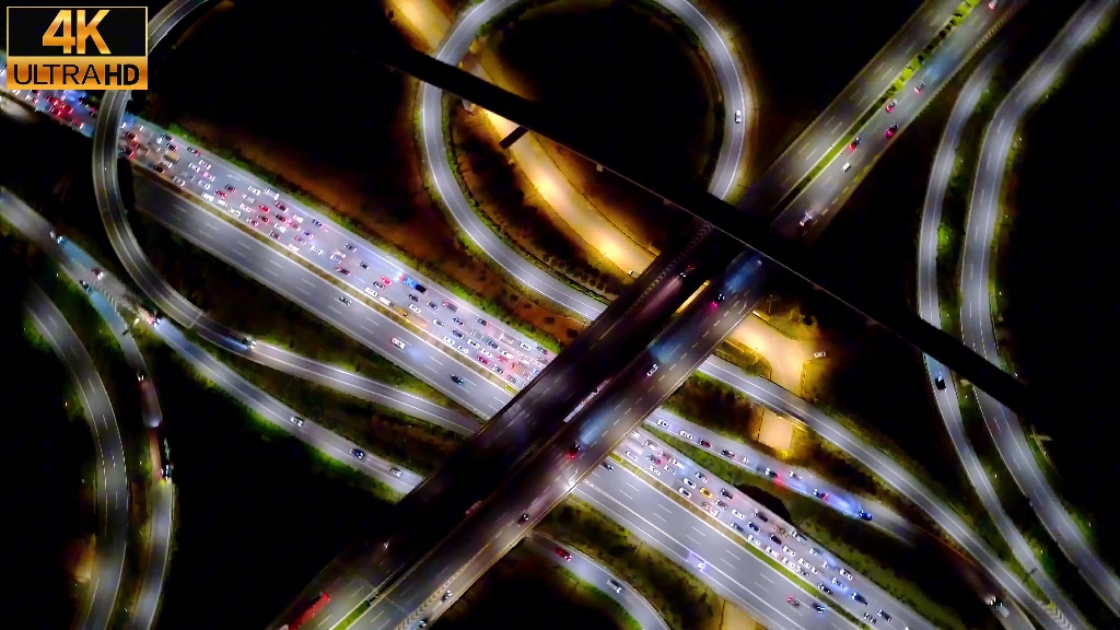 航拍夜景义乌国贸大道与疏港快速路互通立交桥