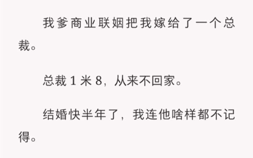 我爹商业联姻把我嫁给了一个总裁,总裁一米八,天天不回家.结果半年,我连总裁长啥样都记不住……哔哩哔哩bilibili