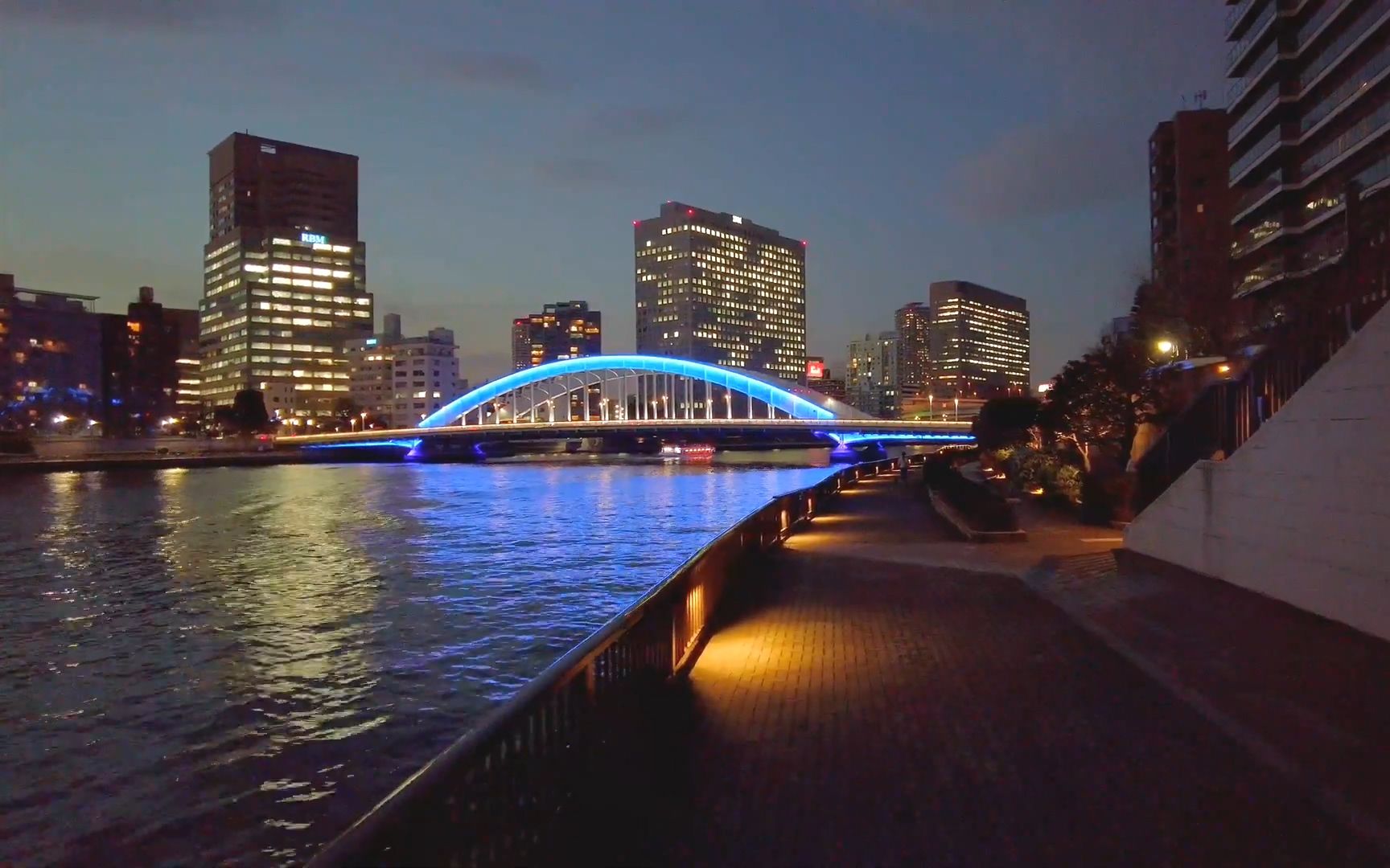 夜晚在东京城市隅田川滨河路散步