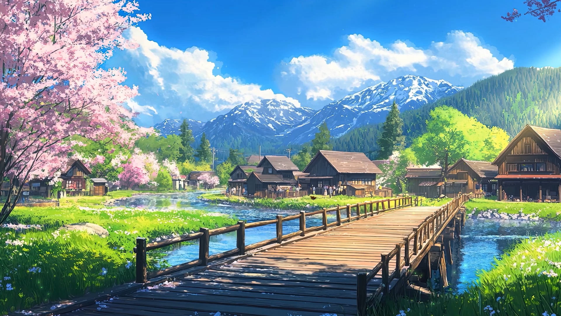樱花木桥流水村落-场景动态