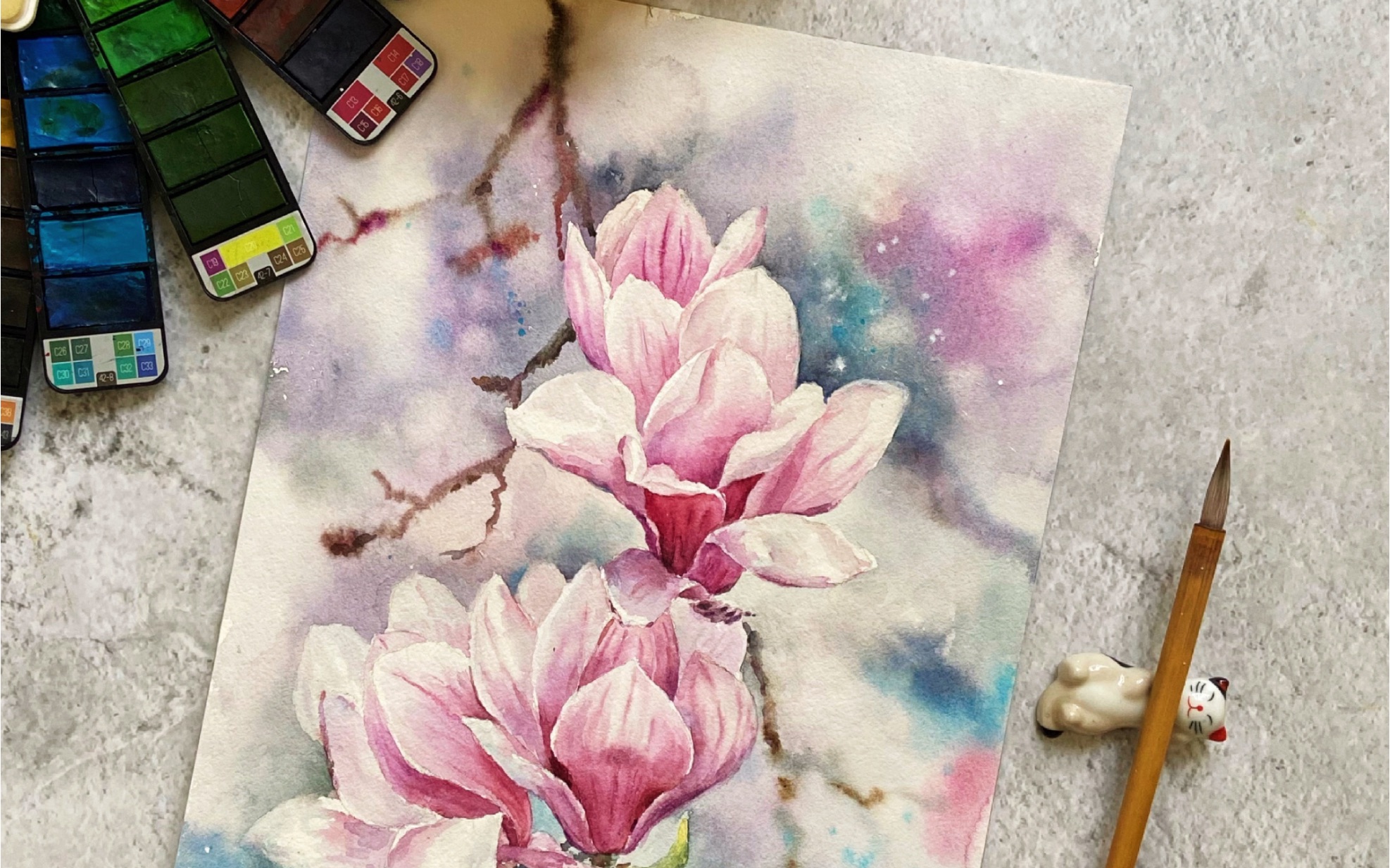 粉色玉兰花水彩绘画过程必收藏