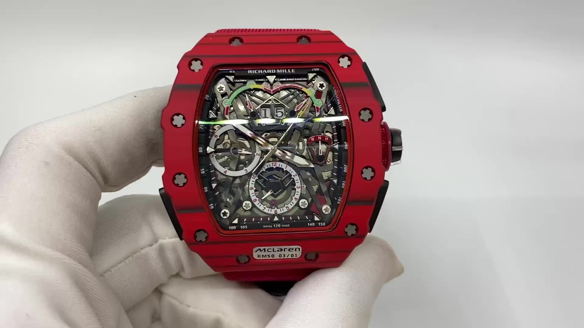 理查德米勒rm50-03迈凯轮车队同款碳纤维红魔腕表细节做工评测