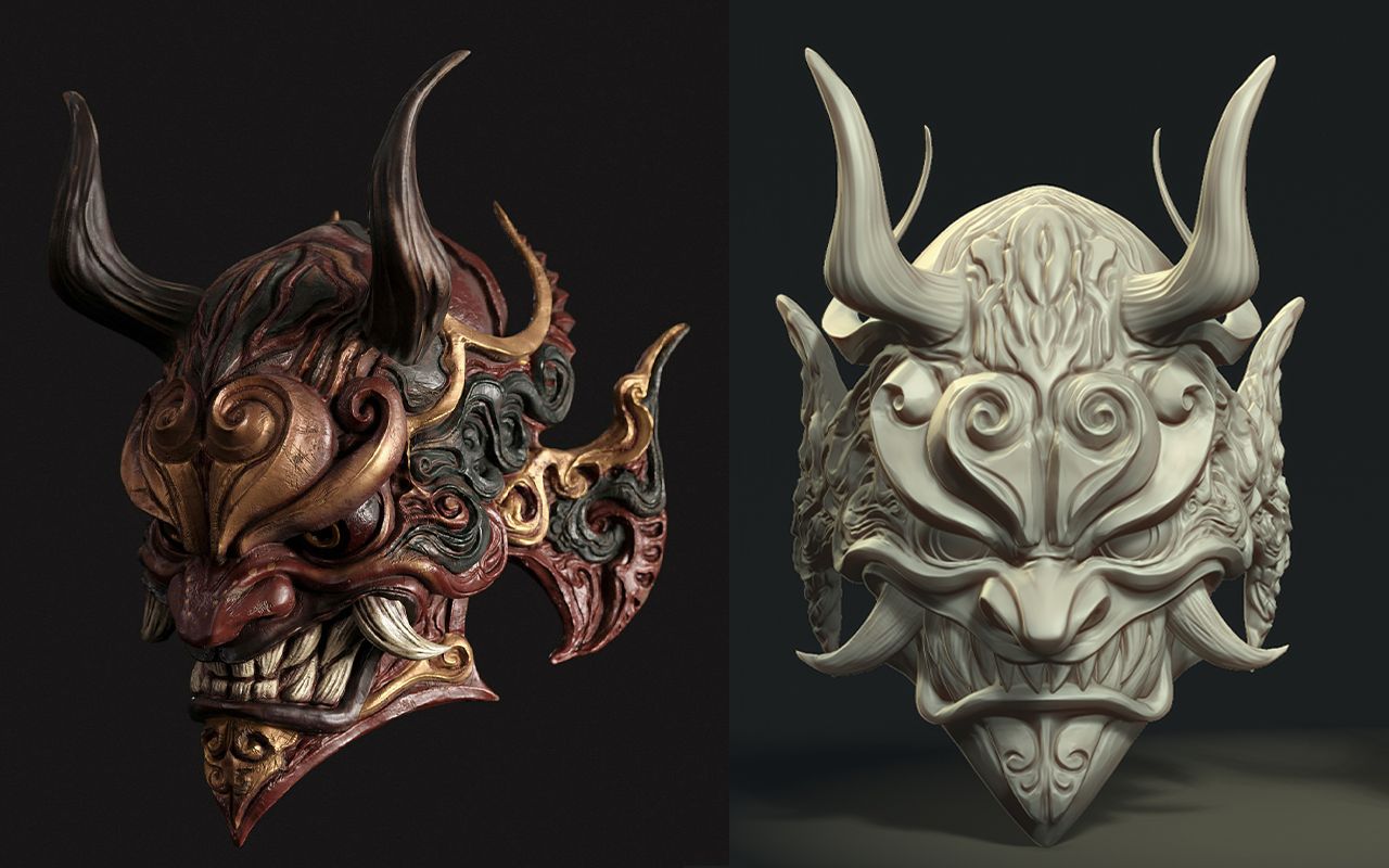 【zbrush雕刻】超帅恶鬼面具雕刻全流程,整节课的雕刻干货教学,3小时带你从0入门zbrush教程,大型雕刻上色纹理渲染哔哩哔哩bilibili