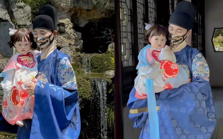 爸爸带女儿穿汉服游览花洲书院，宛如下朝大臣带千金出行