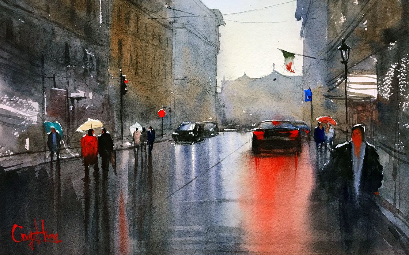 雨中的巴黎街头油画图片