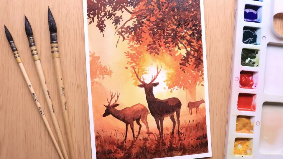水彩】🦌鹿+森林背景美丽的森林景观适合初学者的水彩画3分钟加速版_哔 