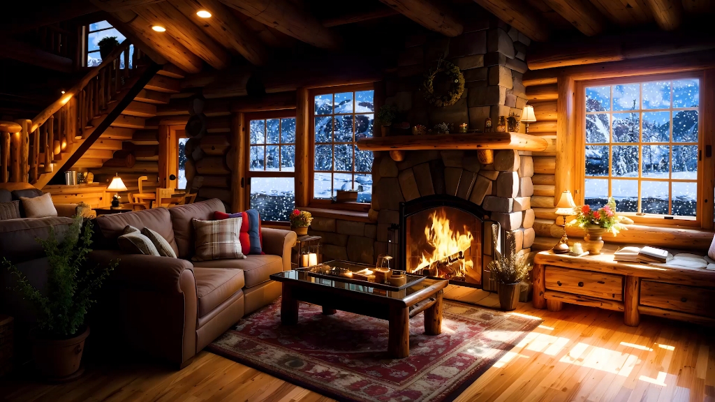 冬季温馨小木屋氛围壁炉燃烧的噼啪声和呼哨的冷风声助眠