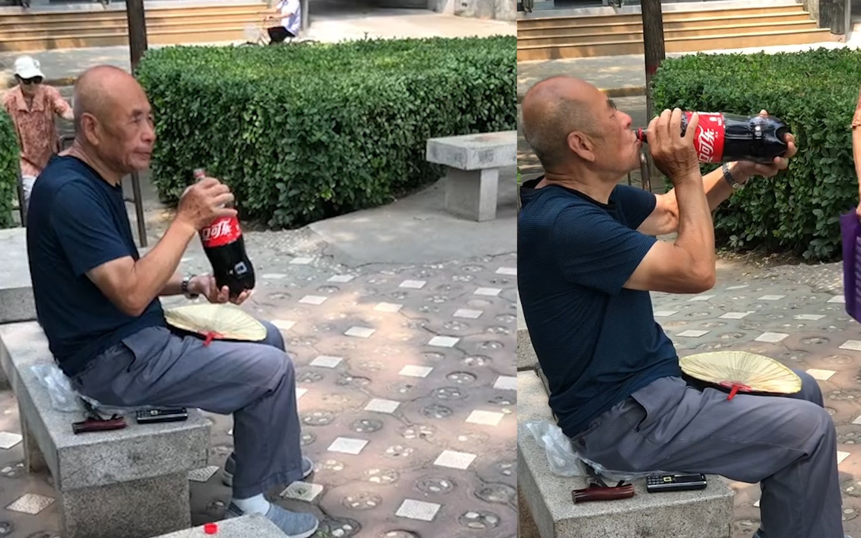 老大爷路边乘凉抱一大瓶可乐对着瓶嘴豪迈畅饮网友是老了的我