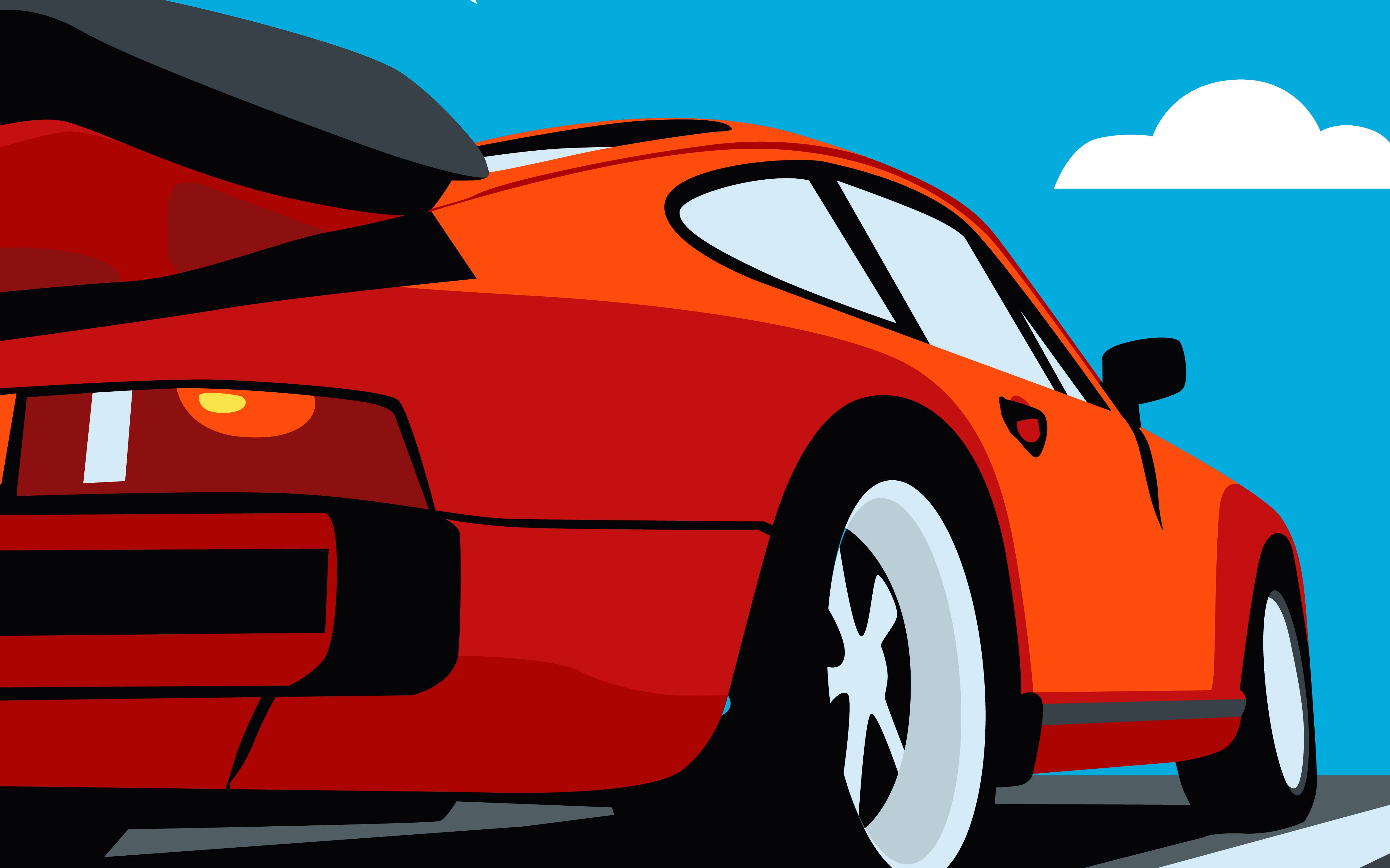 创意电脑汽车插画《小雪-红色超跑仰拍保时捷》