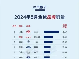 下载视频: 2024年8月全球汽车品牌&新能源品牌销量排行