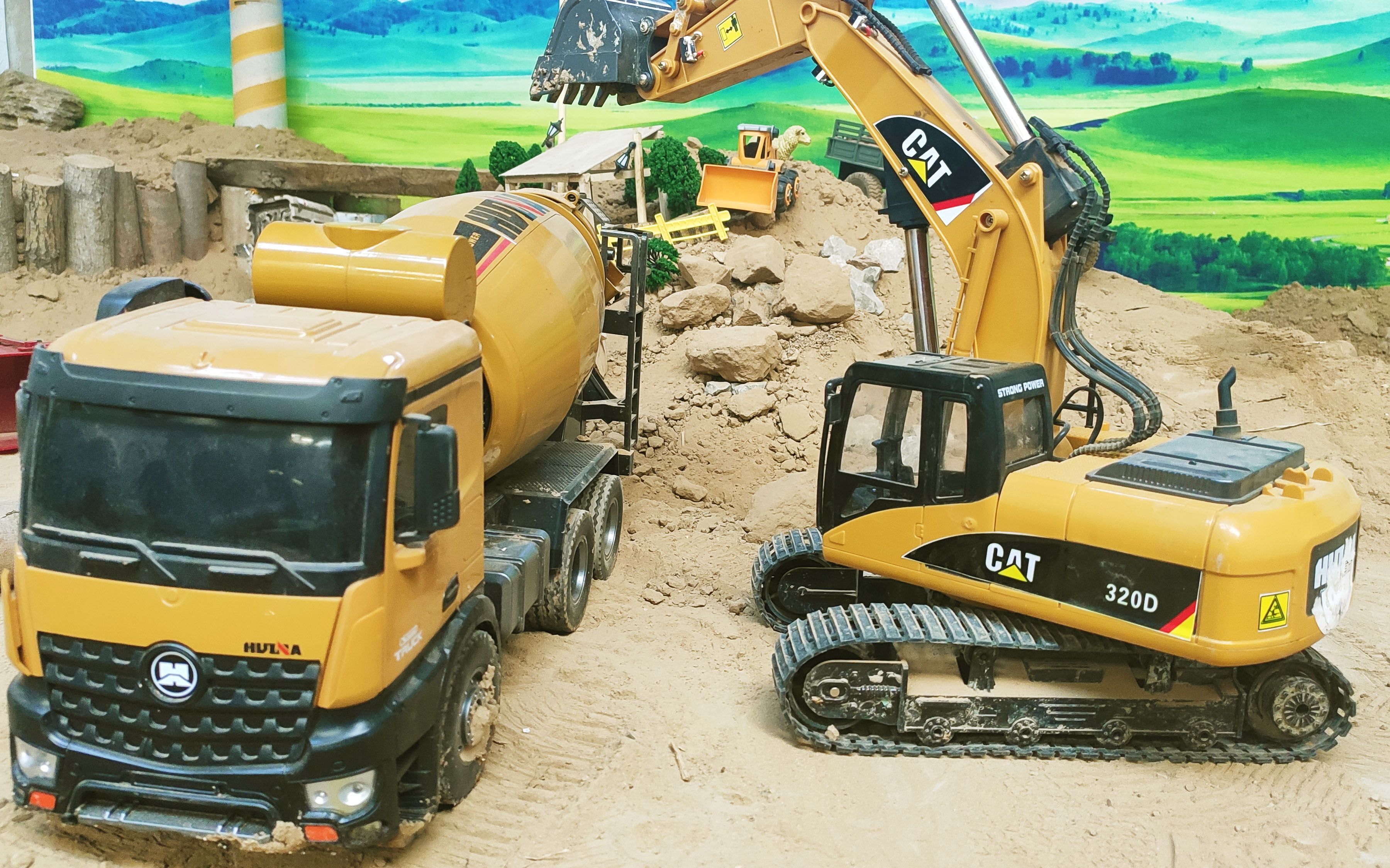 工程玩具车大全,搅拌车作业,需要挖掘机来帮忙