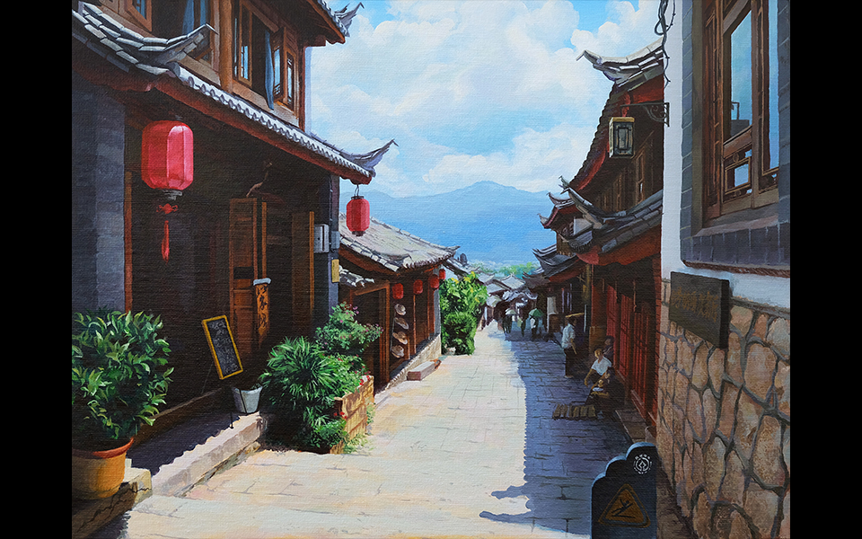 丙烯画云南丽江古城街景