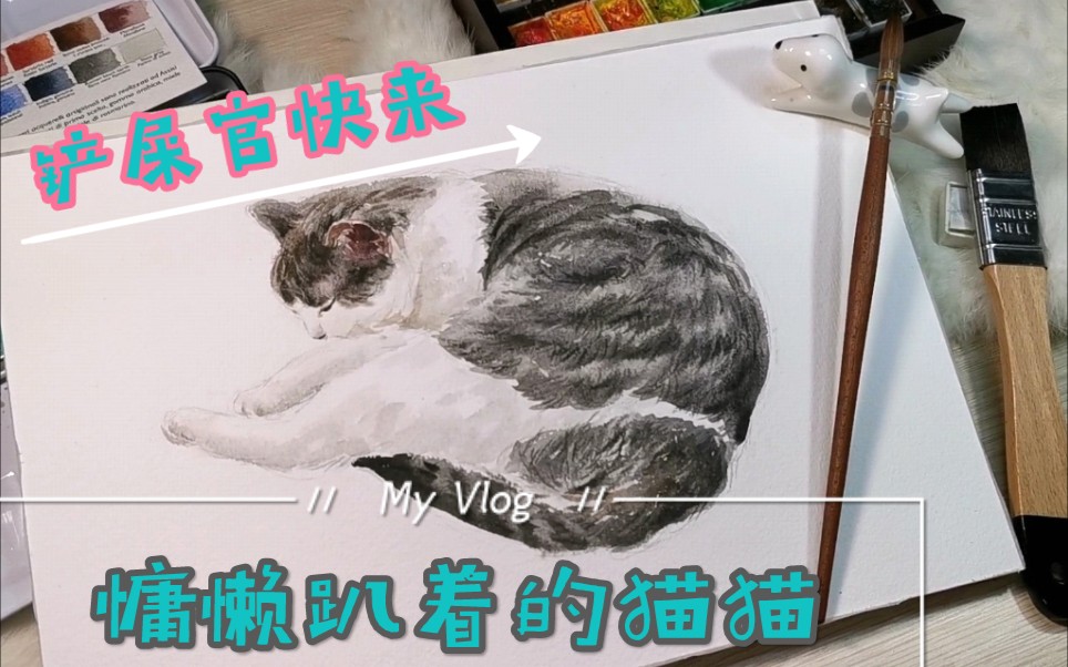 【萌宠喵星人】慵懒趴着的黑白花纹猫猫水彩过程 客单定制 agallo+宝虹哔哩哔哩bilibili