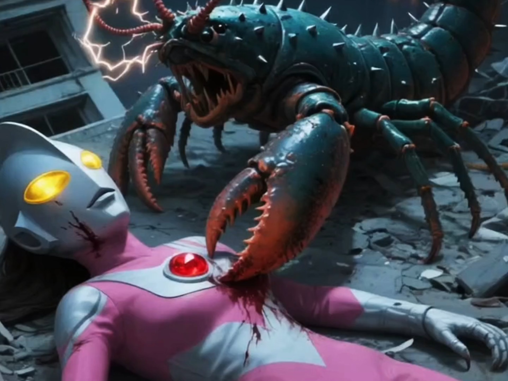 女奥特曼被小龙虾怪兽打出绿色番茄汁