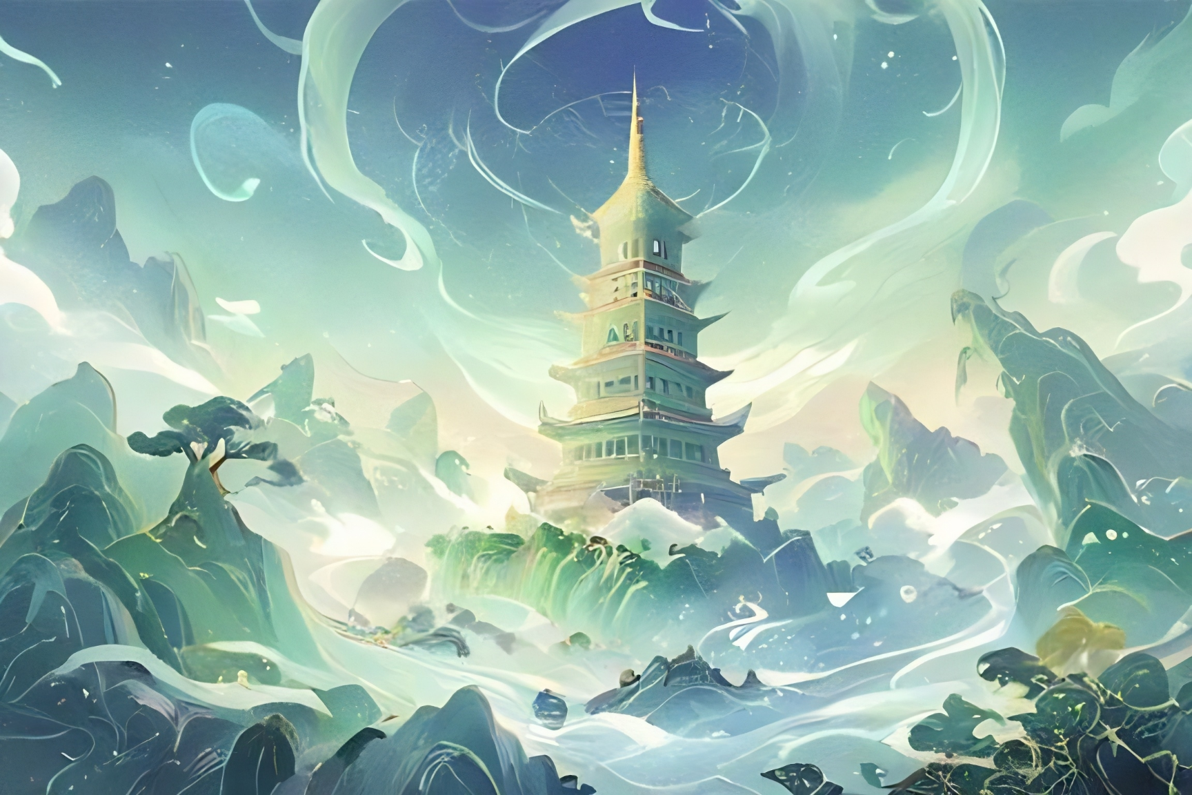 仙气飘飘云雾缭绕的宫阙少女,(百合环绕),(永盛之光),幻想风格,超现实