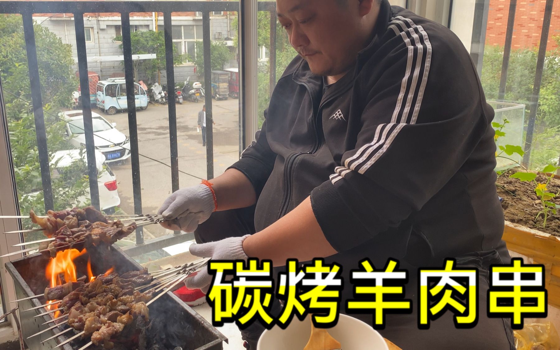 外面刮大风,胖龙在家烧烤,大块羊肉烤的呲呲叫,有肥有瘦才好吃