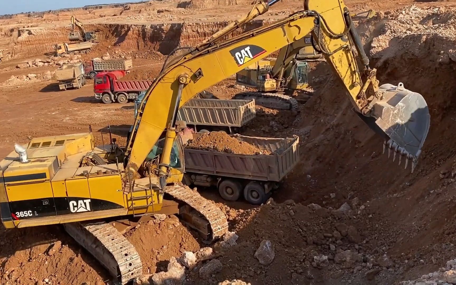 四台卡特彼勒挖掘机在巨大的矿区装载梅赛德斯和man卡车