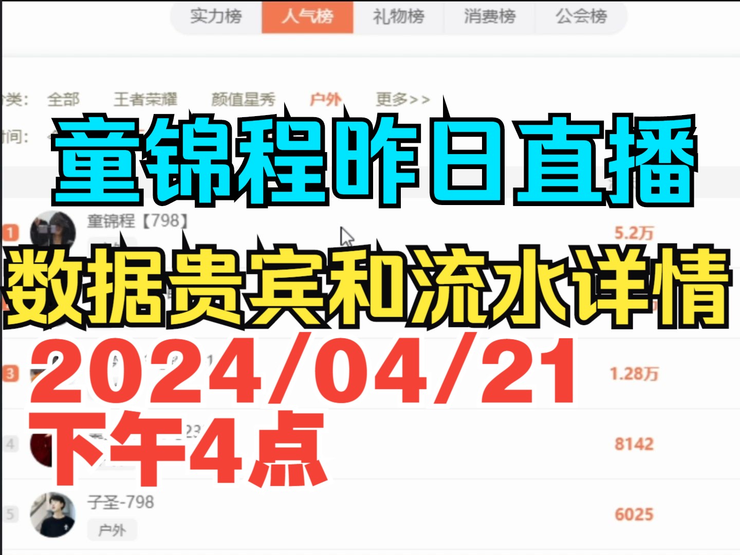 童锦程昨日直播 数据贵宾和流水详情2024/04/21下午4点