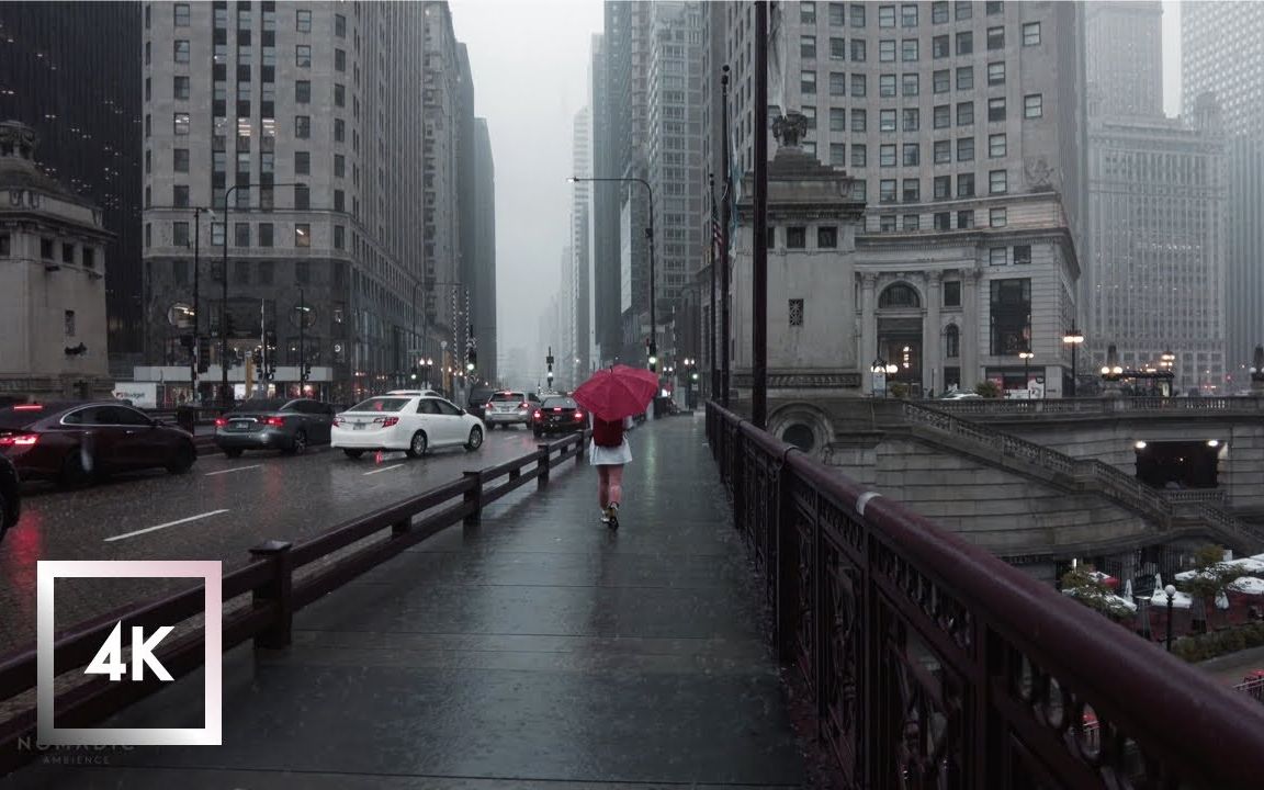 [图]芝加哥市中心的雨天，轻微的雷雨和城市的声音