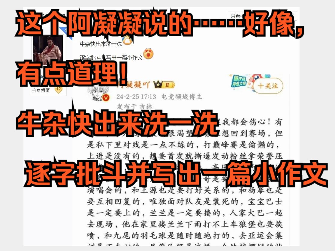 【吧友锐评】这个阿凝凝说的……好像,有点道理!牛杂快出来洗一洗 逐字批斗并写出一篇小作文电子竞技热门视频