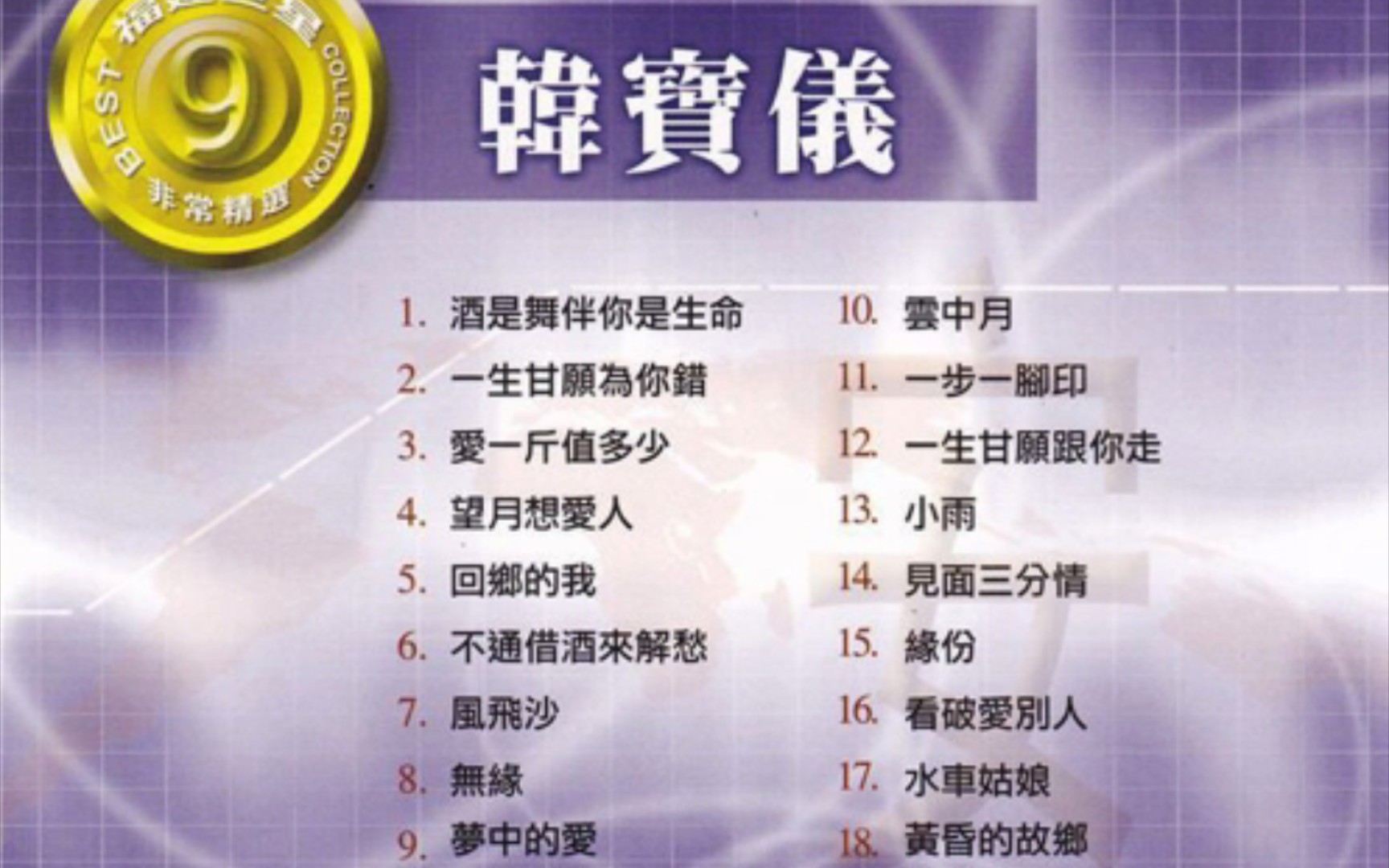 专辑名称:福建巨星非常精选9专辑歌手:韩宝仪 发行公司