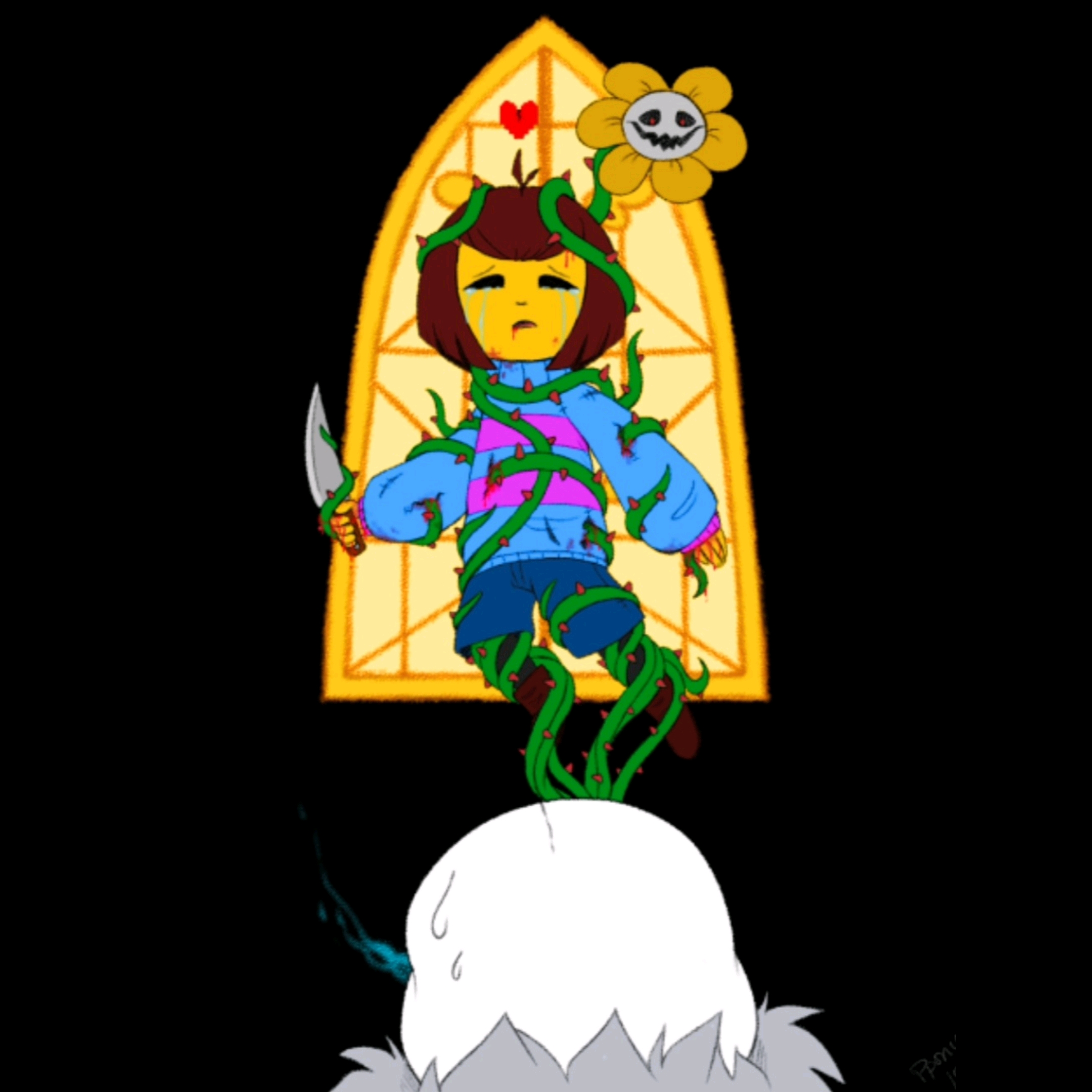 分析:flowey的藤蔓缠绕着frisk的身体,frisk痛苦挣扎