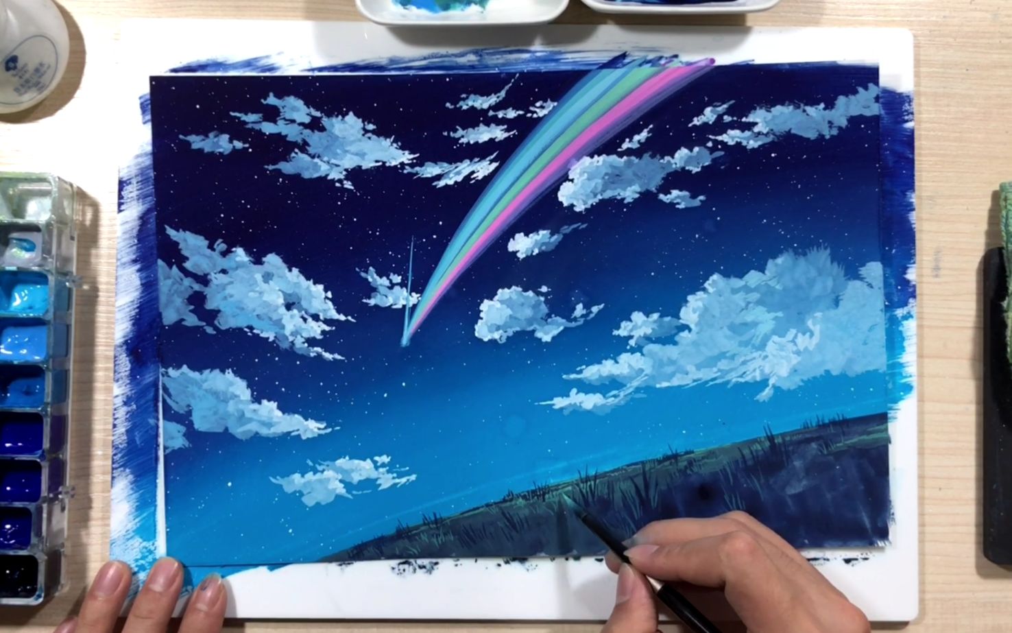 不透明水彩《你的名字》彗星绘画过程_哔哩哔哩 (゜-゜)つロ 干杯