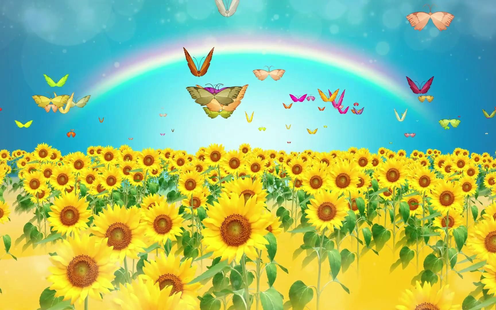 《红红的太阳》大屏幕背景视频儿童卡通动画向日葵彩虹云朵蝴蝶舞蹈