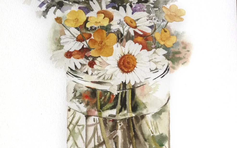 手绘水彩过程玻璃花瓶