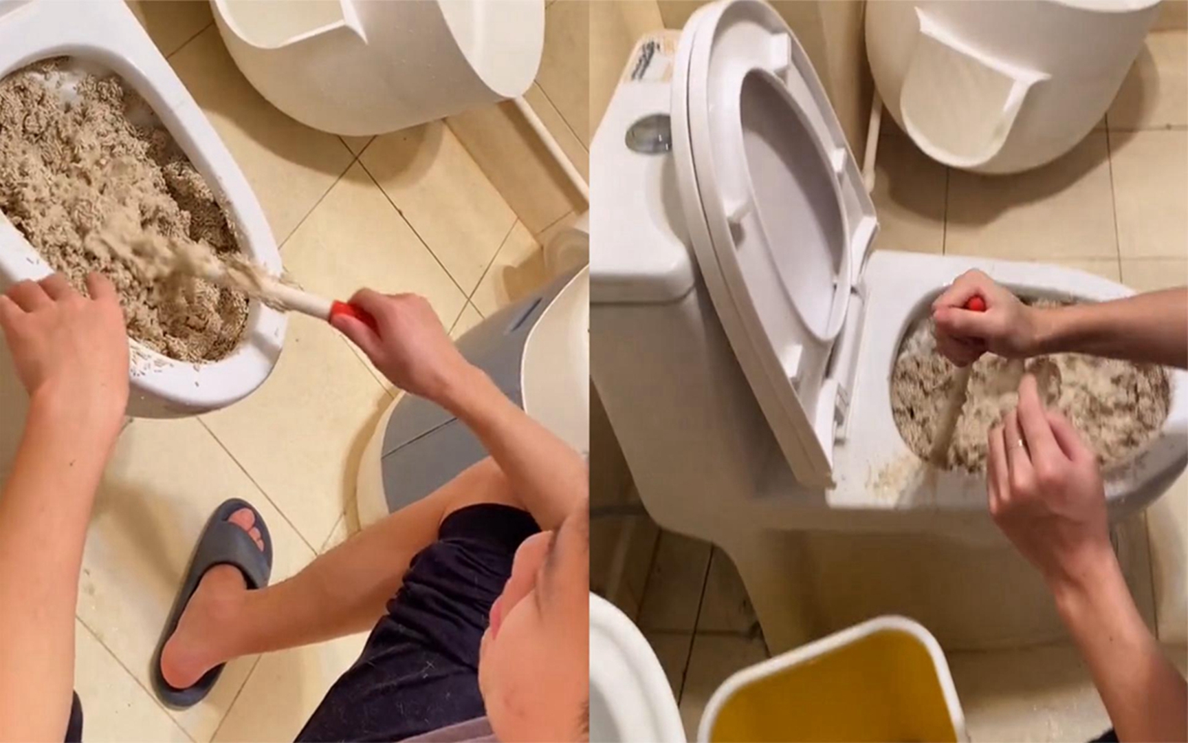 北京男子将猫砂倒进马桶,马桶瞬间被堵水漫金山,女友笑出鹅叫
