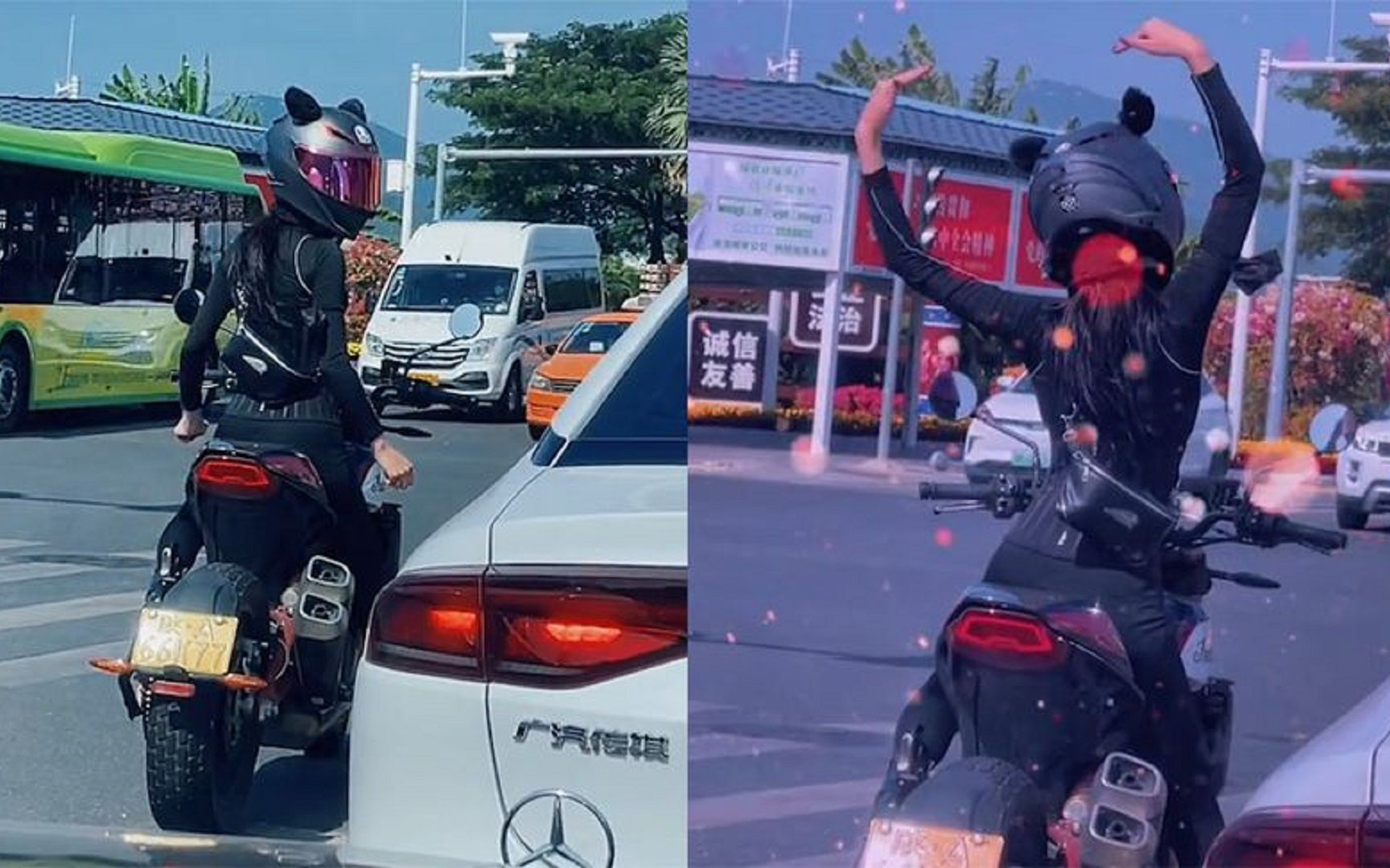 路上偶遇机车小姐姐,鸣笛换比心,网友直呼:爱情来了!