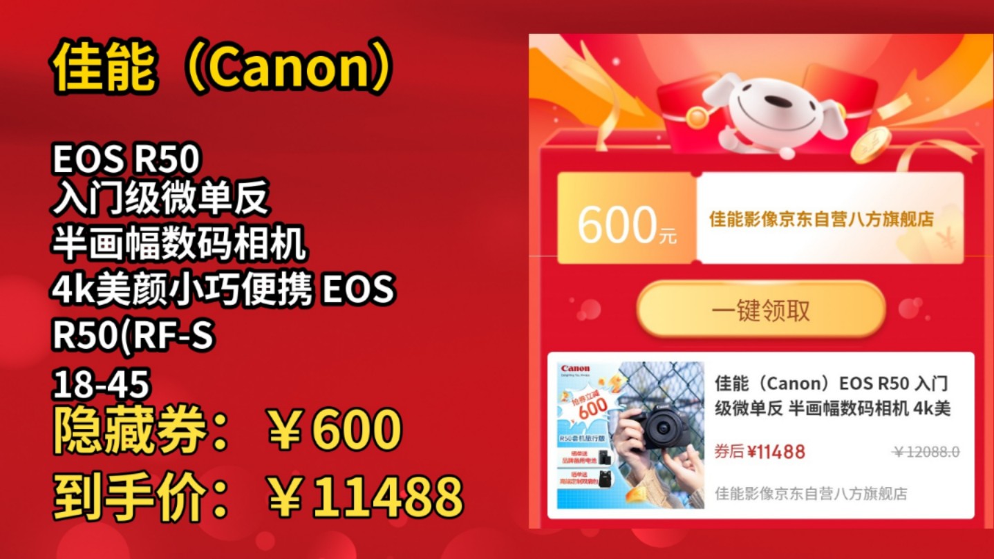 [50天新低]佳能(Canon)EOS R50 入门级微单反 半画幅数码相机 4k美颜小巧便携 EOS R50(RFS 1845套装)黑旅行版哔哩哔哩bilibili