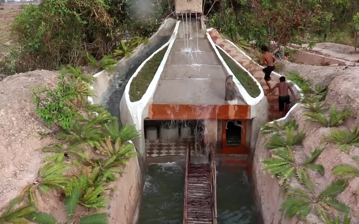 [图]【荒野建造】建造水滑梯和游泳池，建造瀑布和奇妙的地下房屋