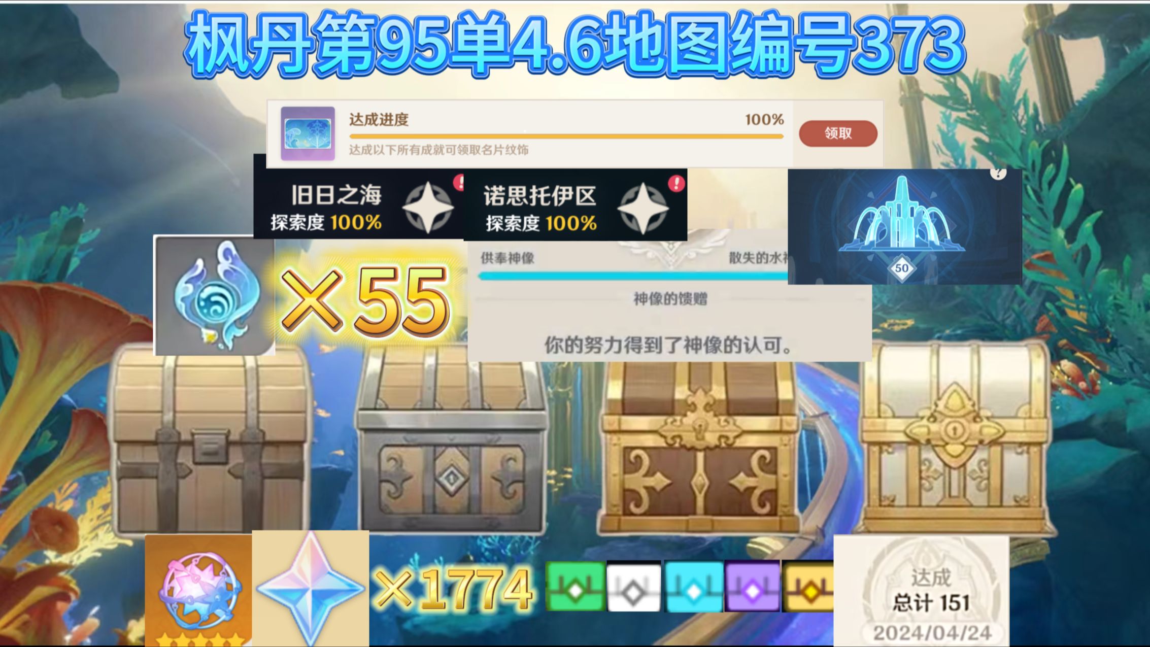 [图]原神枫丹4.6速通1小时10分成就数151水神瞳55旧日之海+诺思托伊区满探索度乐章全收集