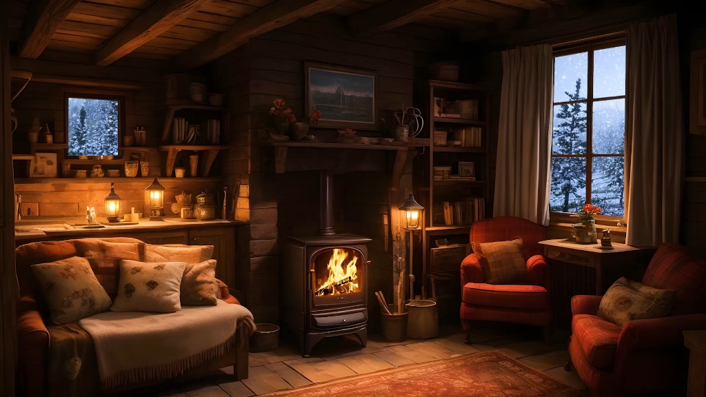 冬季小屋氛围暴风雪的声音壁炉作响的燃烧声放松身心治愈失眠