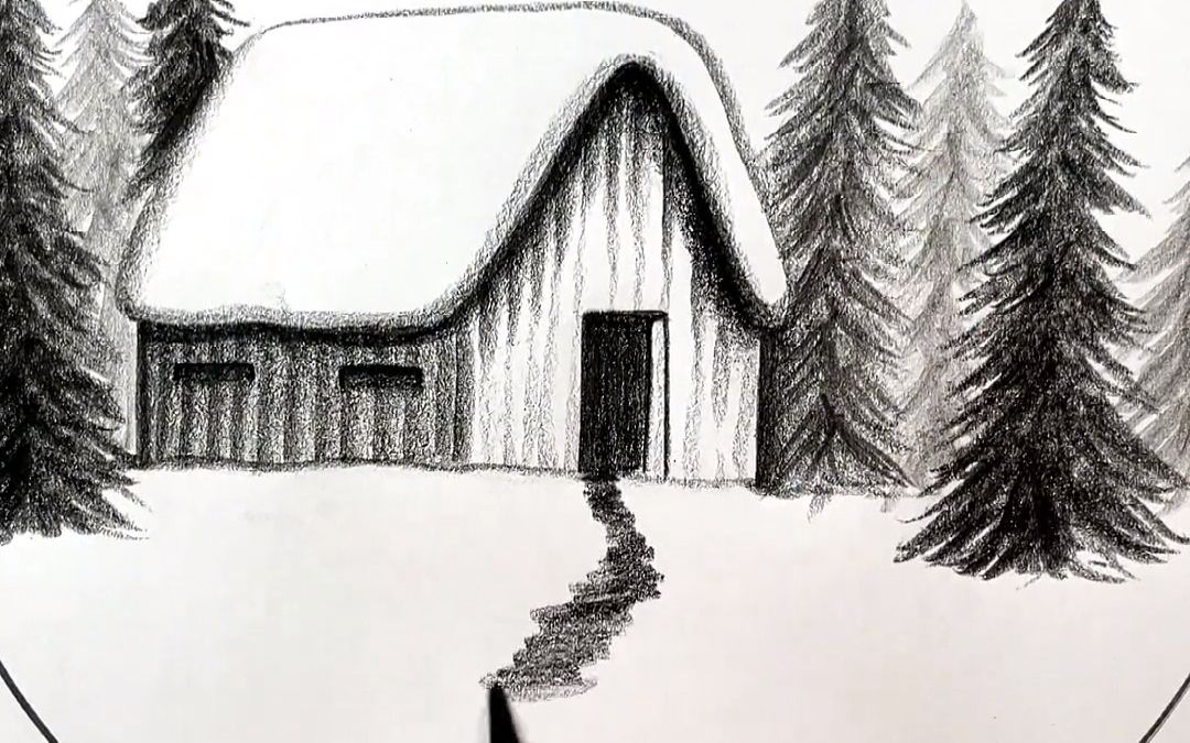 雪景铅笔手绘图片图片