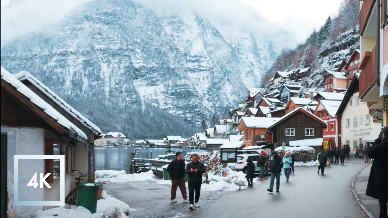 奥地利哈尔施塔特的冬日雪景漫步,清晨双耳冬声 4k