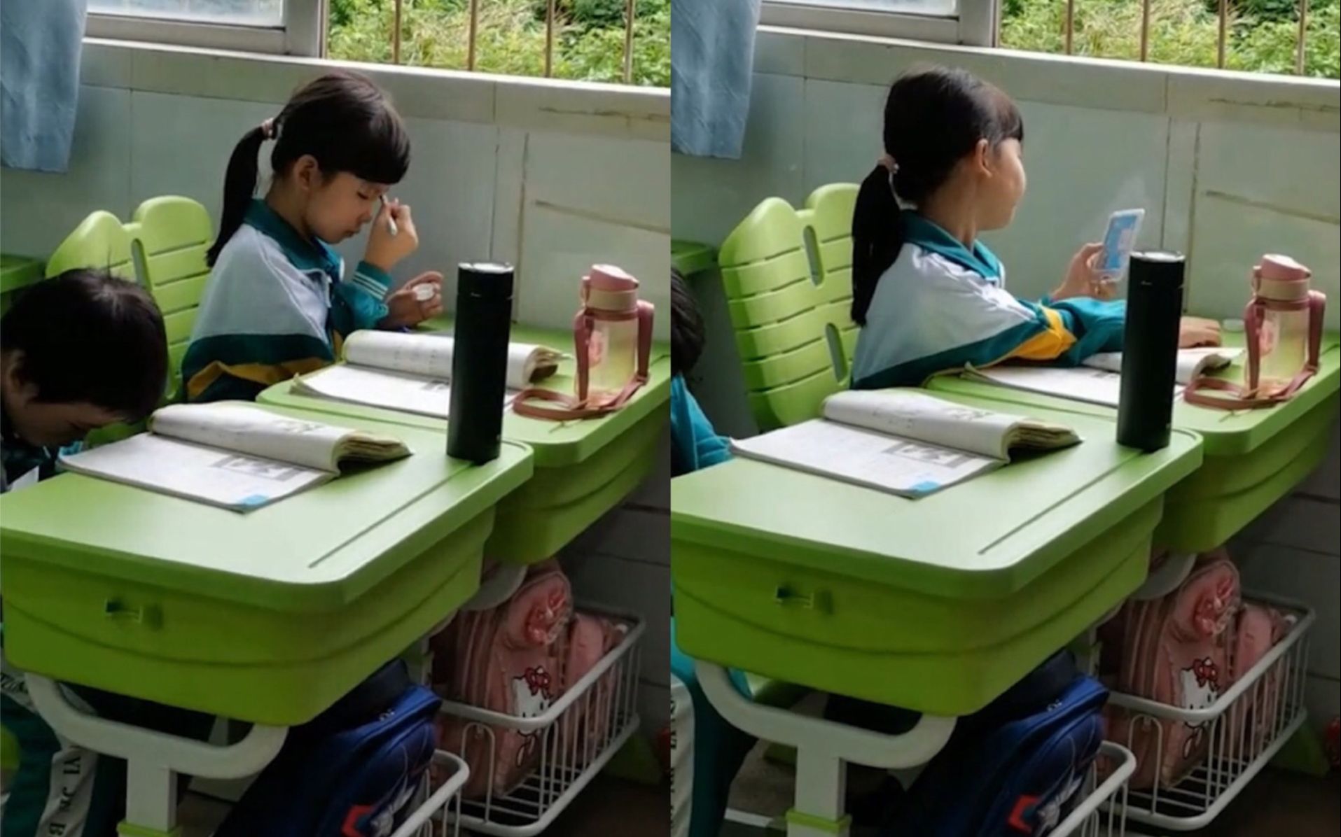 一年级小学生课间模仿家长画眉毛02最后还不忘撩一下头发