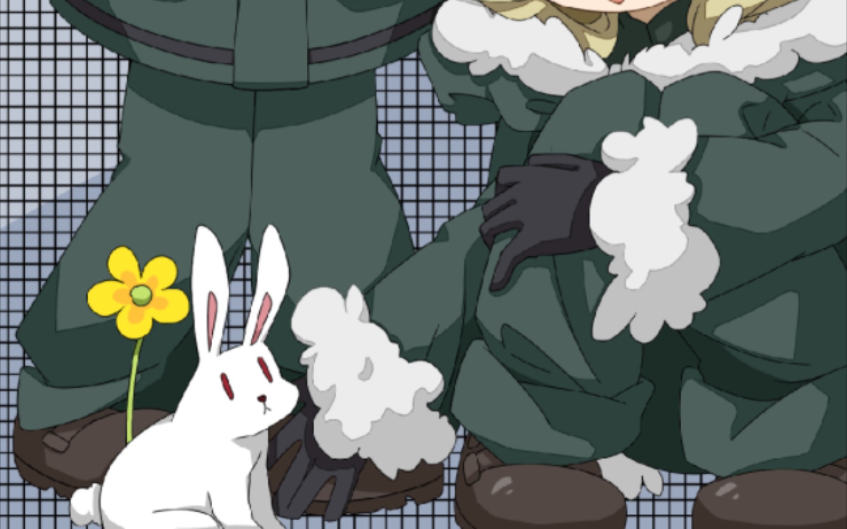 「少女终末旅行」千户和尤莉遇到了一只长着小花的白兔.