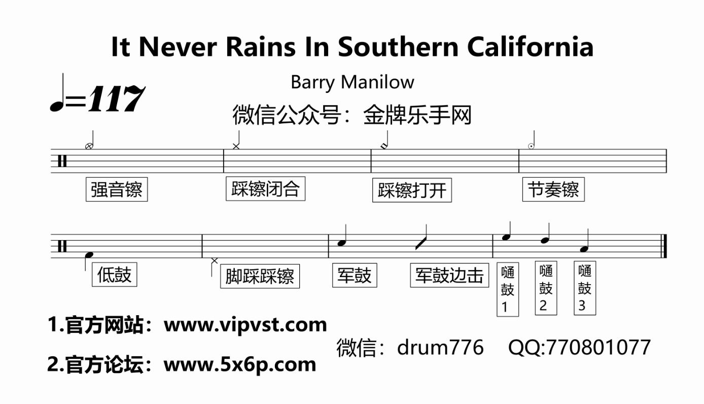 [图]【金牌乐手网】667.Barry Manilow - It Never Rains In Southern California 鼓谱 动态鼓谱