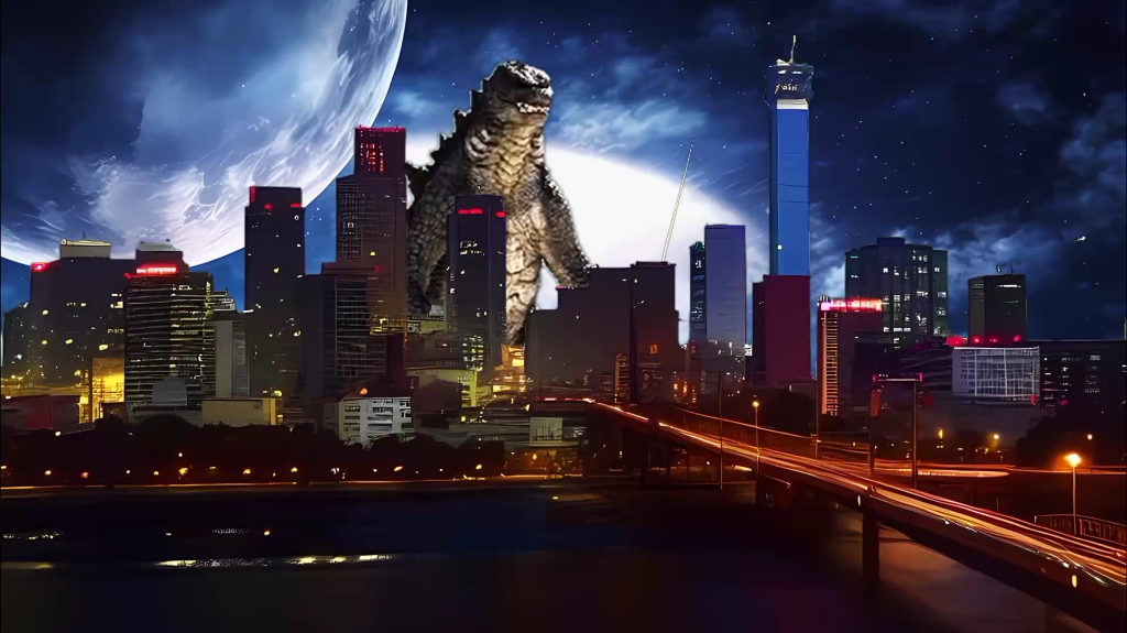 哥斯拉来ai的动漫场景,关于真人特摄和卡通的动画化的结合体.