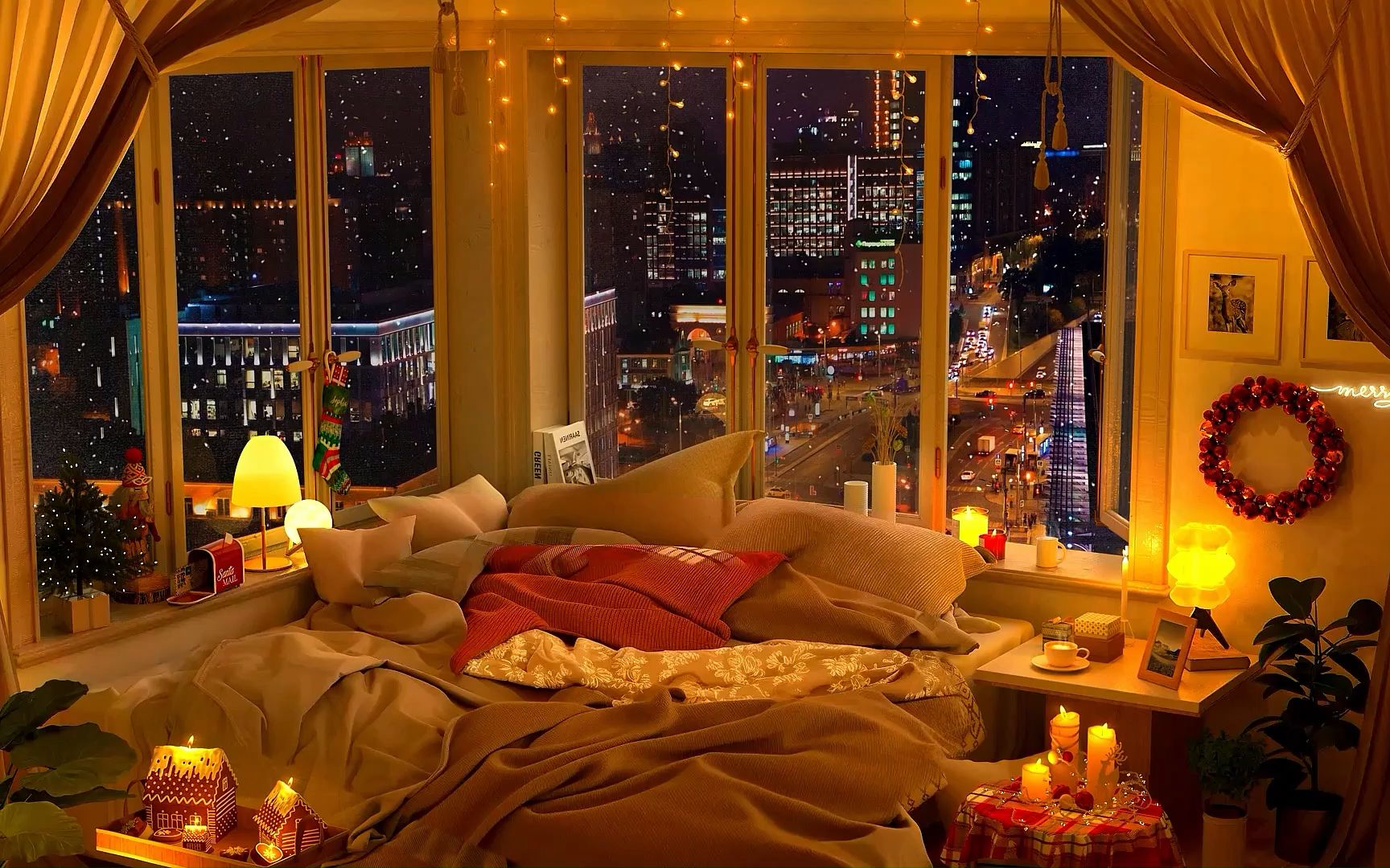 在舒适又温馨的卧室,看着窗外飘落的雪花和街景,钢琴爵士音乐,放松