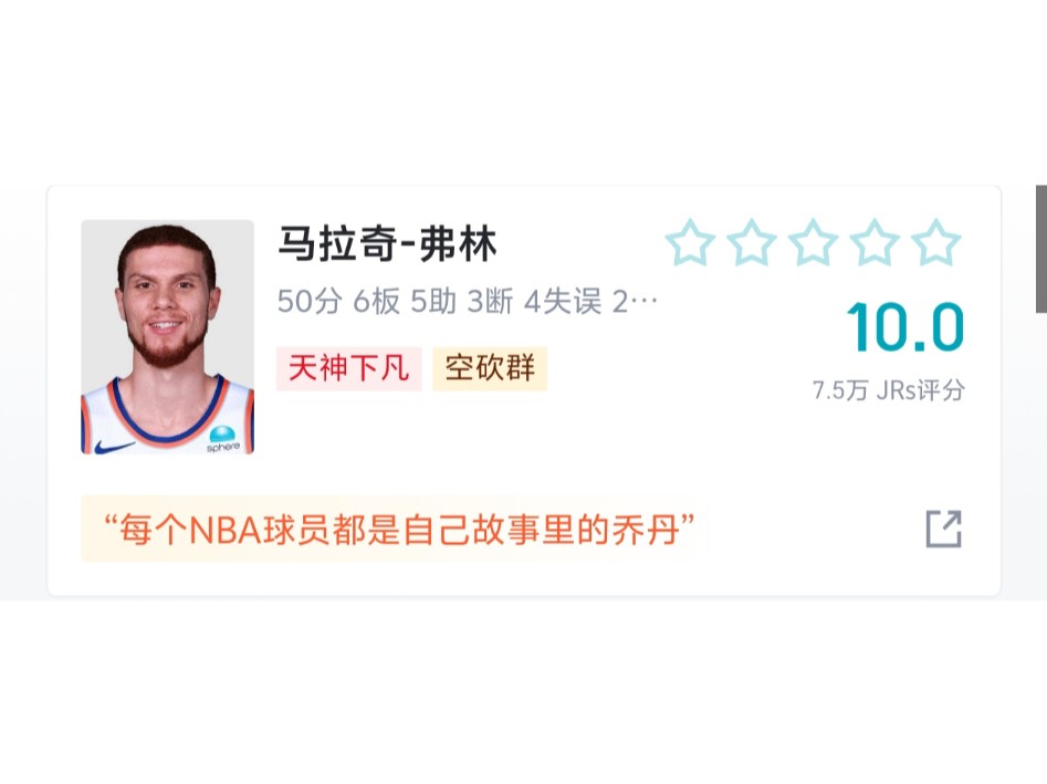 每个NBA球员都是自己故事里的乔丹:7.5w人给马拉奇弗林打出10.0分!哔哩哔哩bilibili