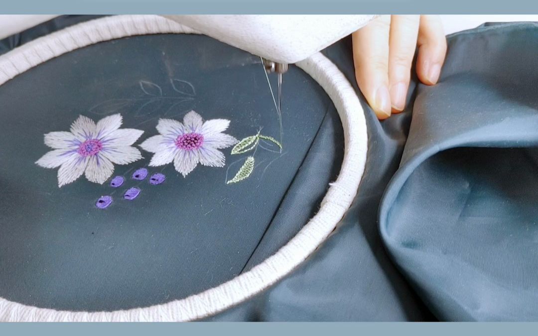 手推绣针法-回针绣叶片,丁大姐自由机绣