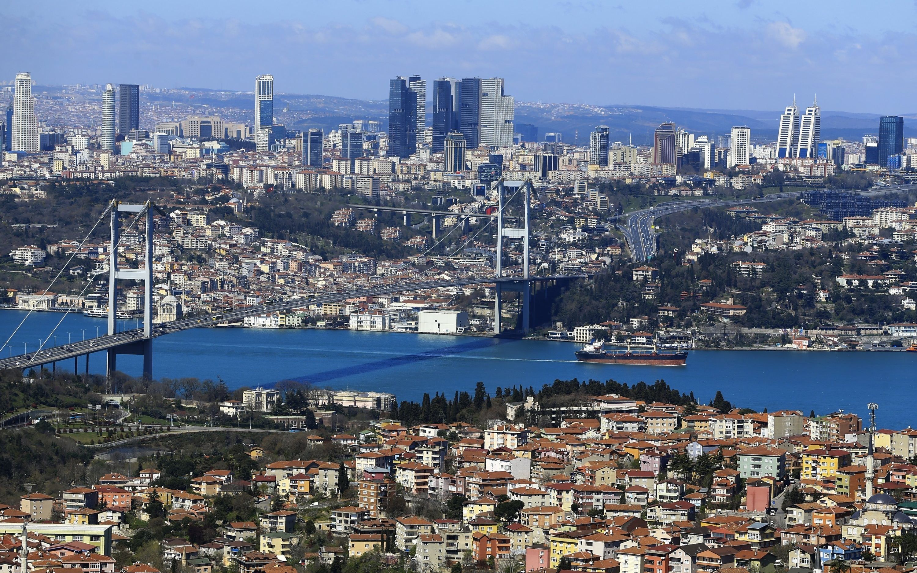 航拍伊斯坦布尔城市,博斯普鲁斯海峡,跨海大桥