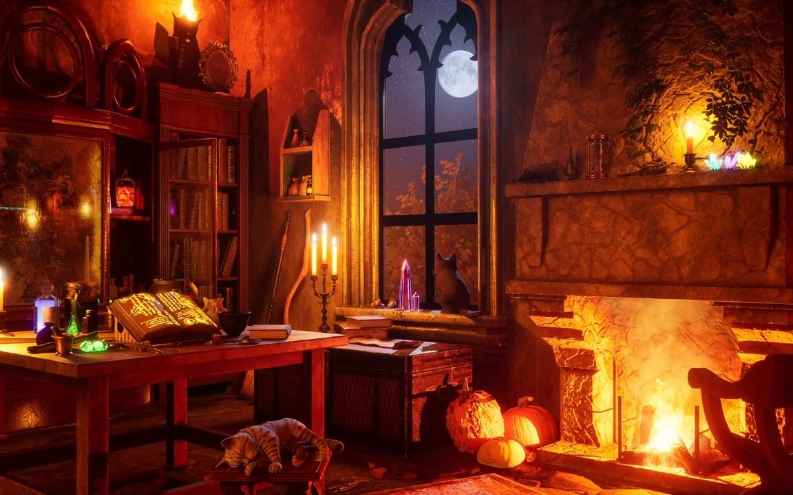 【白噪音】超长8小时丨巫师的魔法室(壁炉烧火声 刮风声)_哔哩哔哩