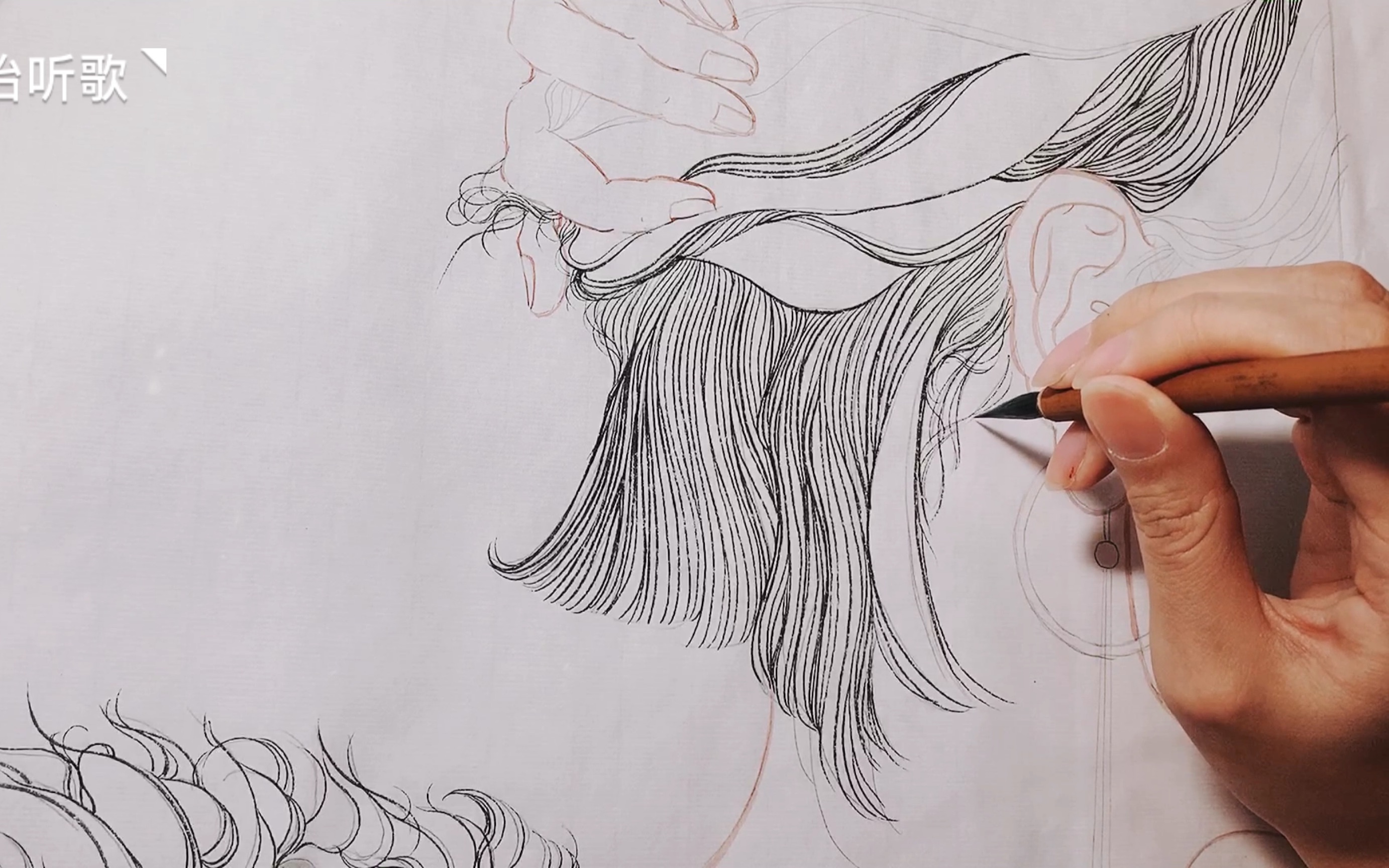 国画工笔画人物手绘勾线摸鱼练习画完后觉得状态不太好录制紧张线条不