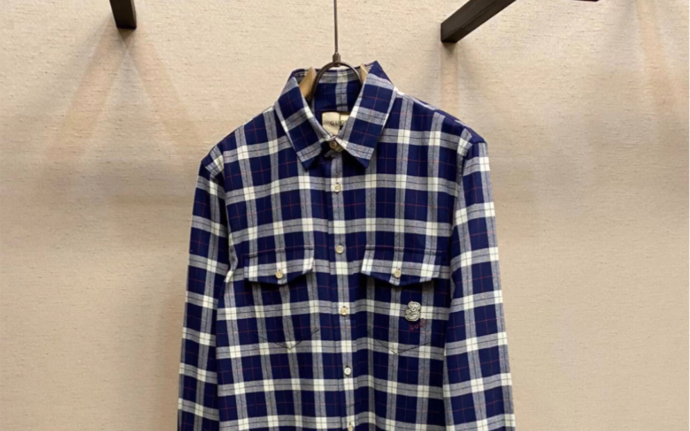 说一下原单gucci古驰饰刺绣格纹棉男士衬衫